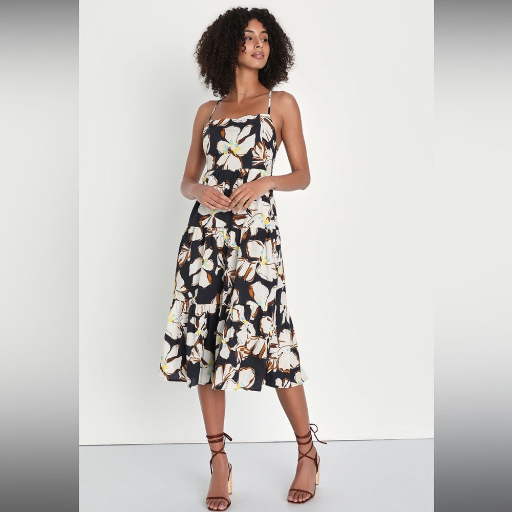 NWT Lulu’s Bound for Bali Black Floral Backless Midi Dress With Pockets